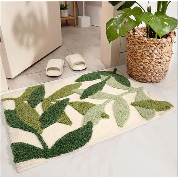 Green Leaves Bath Mats Bathroom Rugs Non-Slip Soft Microfiber Absorbent Machine - Picture 5 of 8